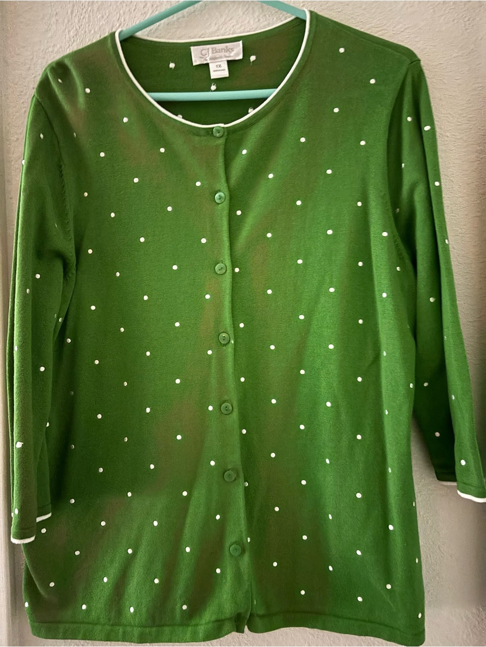 CJ Banks Green Polka Dot Button-Front Cardigan with 3/4 sleeves